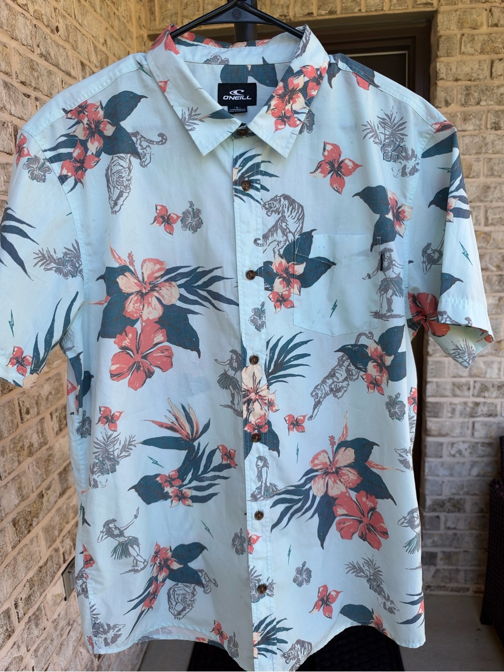 O'Neill Men's Light Blue Tropical Floral Short-Sleeve Button-Up Shirt Large